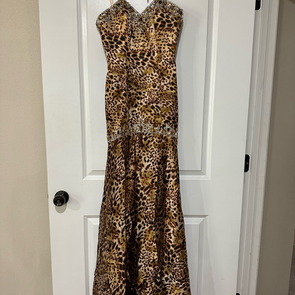 Mori Lee Brown Leopard Print Strapless or Halter Formal Dress